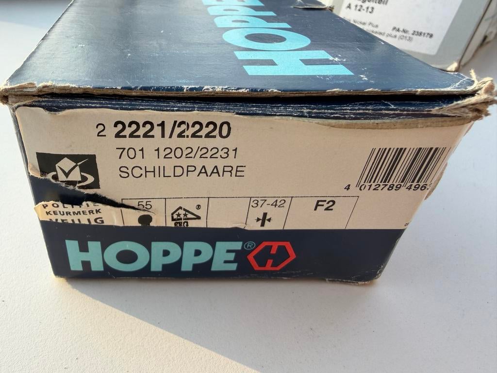 HOPPE deurbeslag (model 2221/2220) Schildpaar Nieuw in doos, Ophalen of Verzenden, Nieuw, Rvs, Klink of Kruk