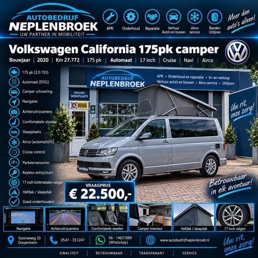 Volkswagen California 175pk camper Automaat,17Inch,Cruise,Na, Automaat, Buscamper of Camperbus, Ringverwarming, Achteruitrijcamera