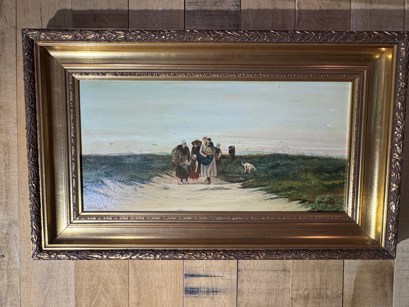 Olieverfschilderij: Gezin op het strand met hond, Gedateerd, Doek, Portret of Personen, Realistisch