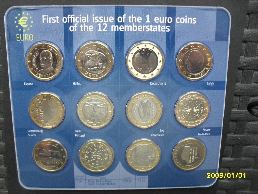 Eerste officiële uitgave 1 euro munten 12 lidstaten, Postzegels en Munten, Ophalen, Overige landen, 1 euro, Setje