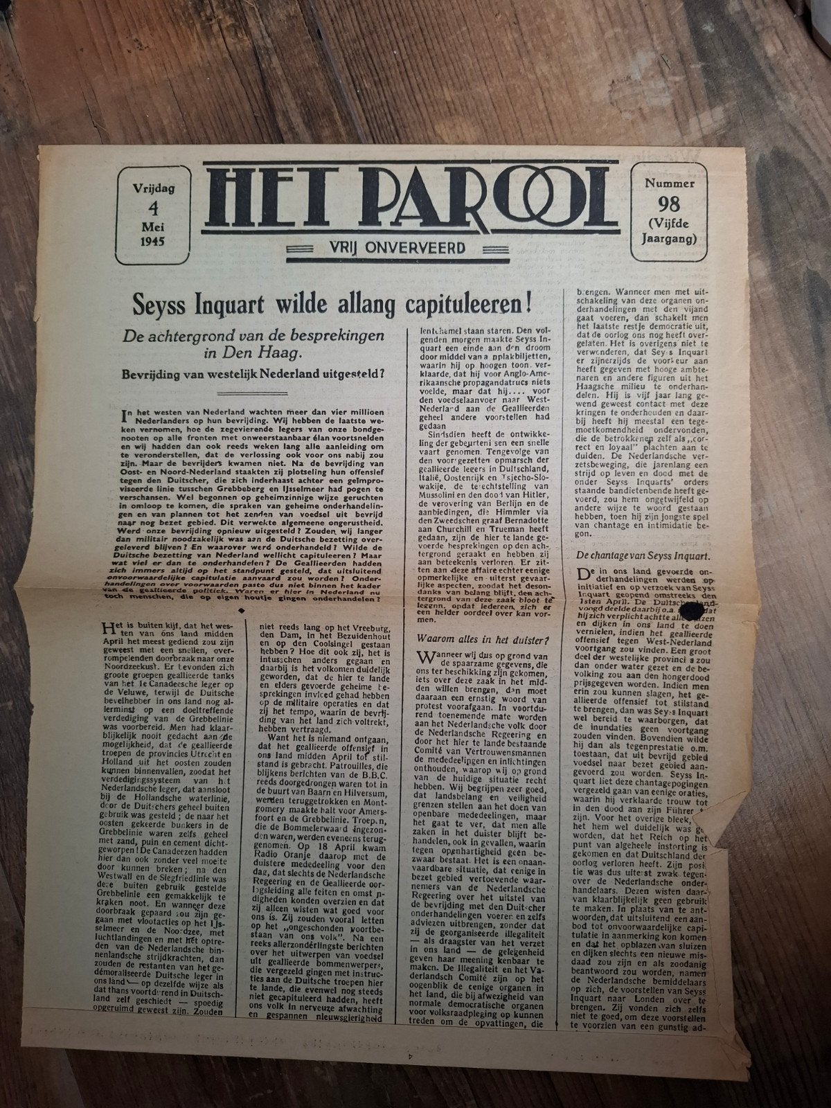 Seyss Inquart 4 mei 1945 Parool, Verzamelen, Ophalen of Verzenden, Overige soorten, Nederland, Boek of Tijdschrift