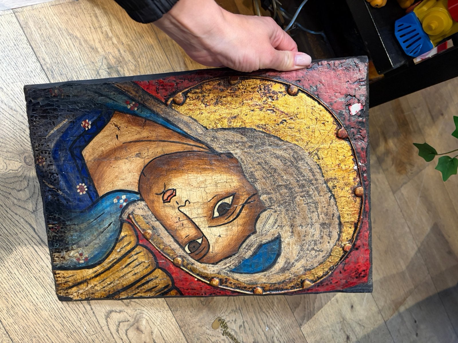 Oude religieuze icoon – Maria met gouden aureool – hout, Ophalen of Verzenden