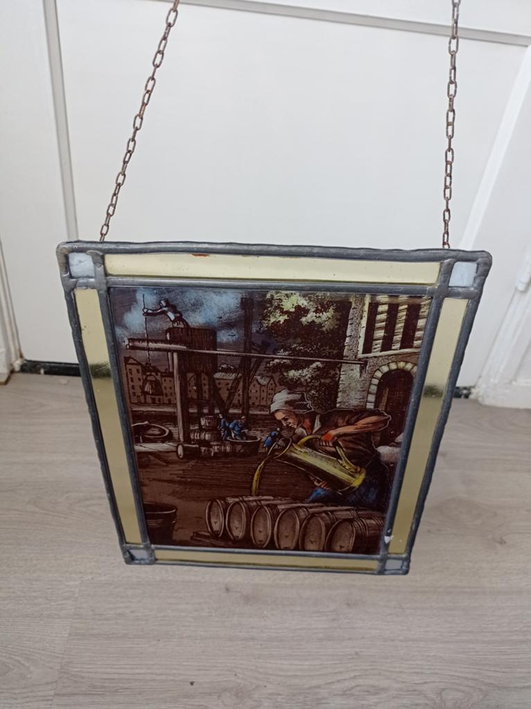 een vintage glas-in-lood raamhanger 29 x 24 cm, Ophalen of Verzenden