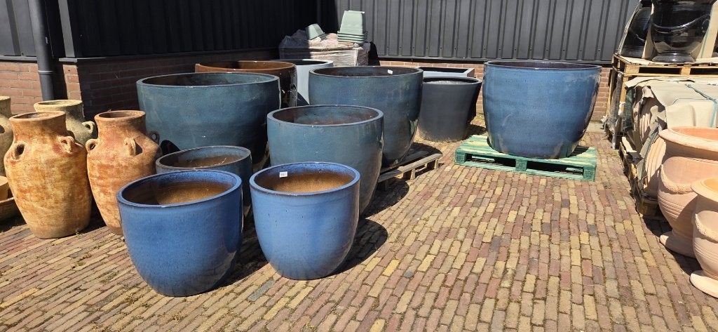 Prachtige GROTE blauwe aardewerk bloempotten geglazuurd rond, Tuin en Terras, Ophalen, 40 cm of meer, Rond, Nieuw