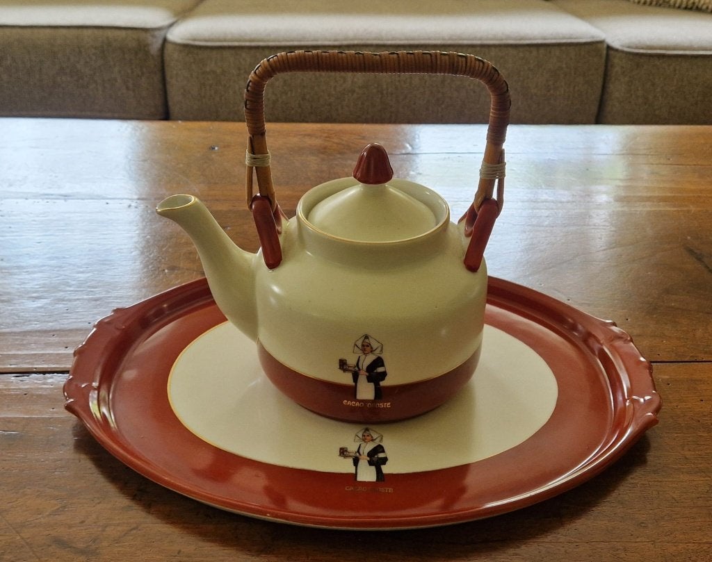 Vintage porceleinen Droste cacao- en theepot met dienblad, Ophalen, Gebruikt, Porselein, Overige typen