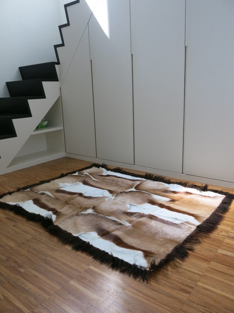 Vintage Patchwork Vloerkleed / wandkleed springbokhuid, Ophalen of Verzenden, Gebruikt, Rechthoekig, 200 cm of meer