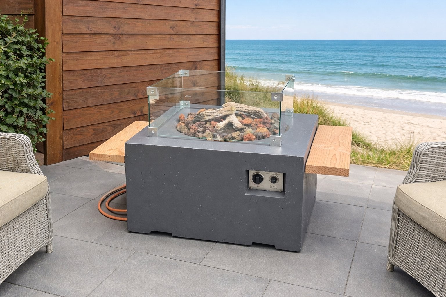 Mooie vuurtafel met glasset+bijzettafel voor de gasfles., Tuin en Terras, Ophalen, Gebruikt