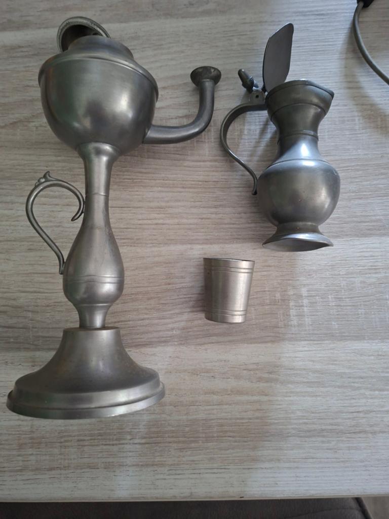 Antieke tinnen olielamp, kan en borrelglas, Antiek en Kunst, Ophalen of Verzenden