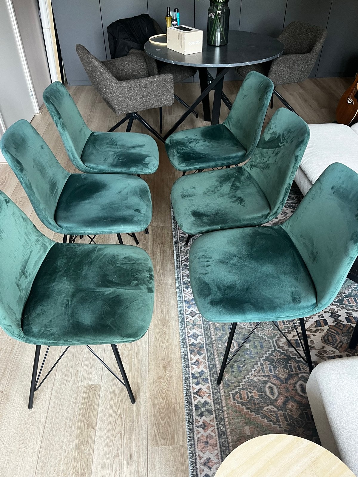Set van 6 Groene Velvet Stoelen - Modern Design, Huis en Inrichting, Stoelen, Ophalen, Gebruikt, Overige kleuren, Stof