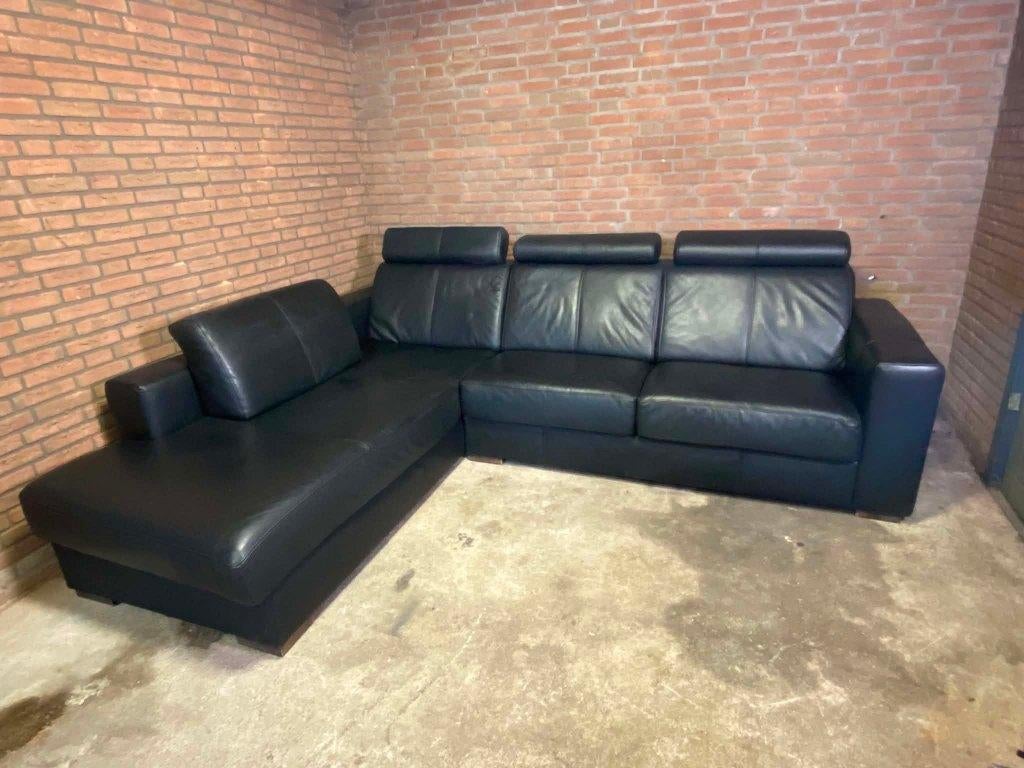 Zware zwart lederen hoekbank zgan!, Hoekbank, Leer, Ophalen of Verzenden, Zo goed als nieuw