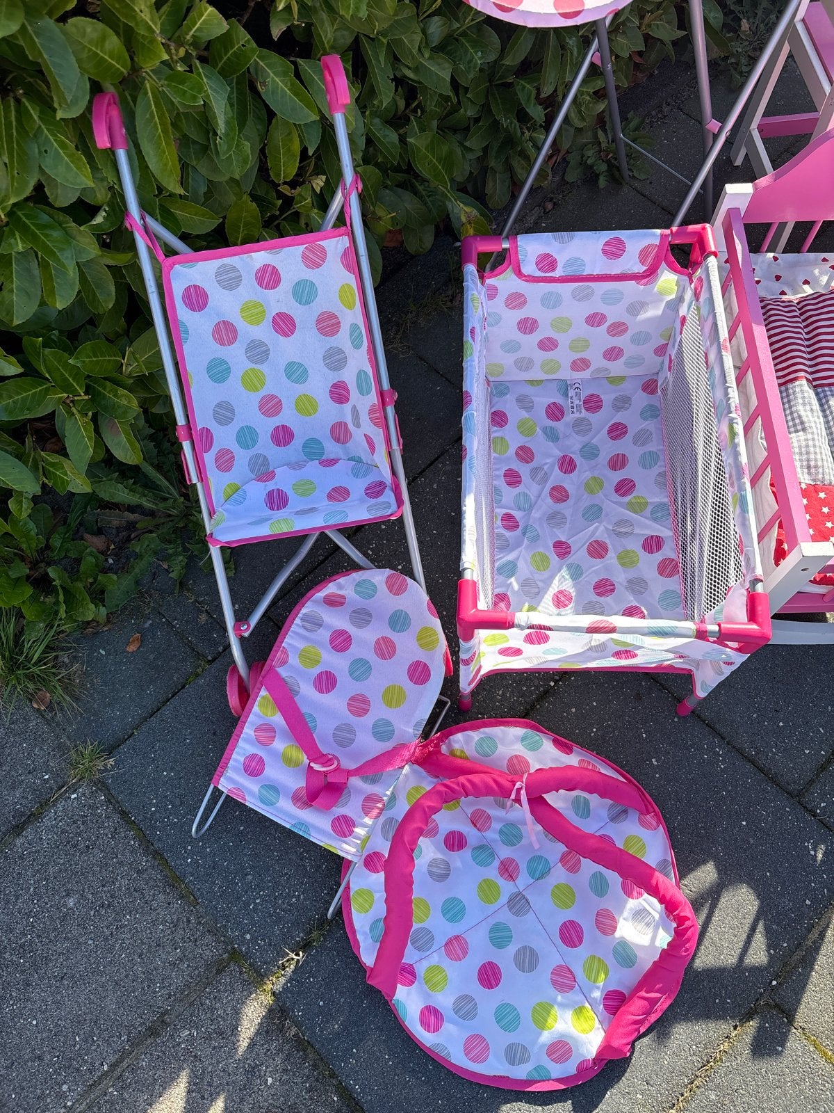 Poppenwagen, campingbedje en draagzak - Roze stippen, Ophalen of Verzenden, Zo goed als nieuw, Overige typen