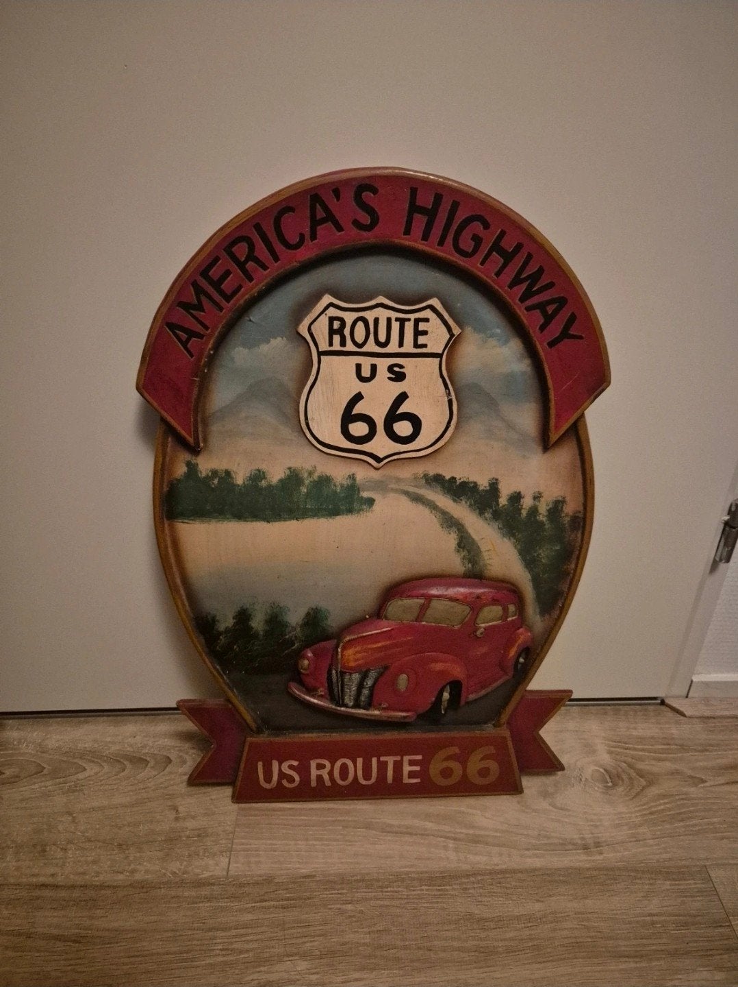 Route 66 Houten Bord Decoratie USA, Ophalen of Verzenden, Gebruikt, Reclamebord