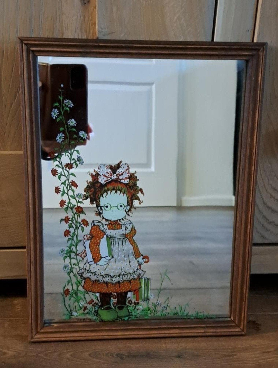 Vintage spiegel met Sarah Kay afbeelding 33 bij 25 cm, Ophalen of Verzenden, Gebruikt