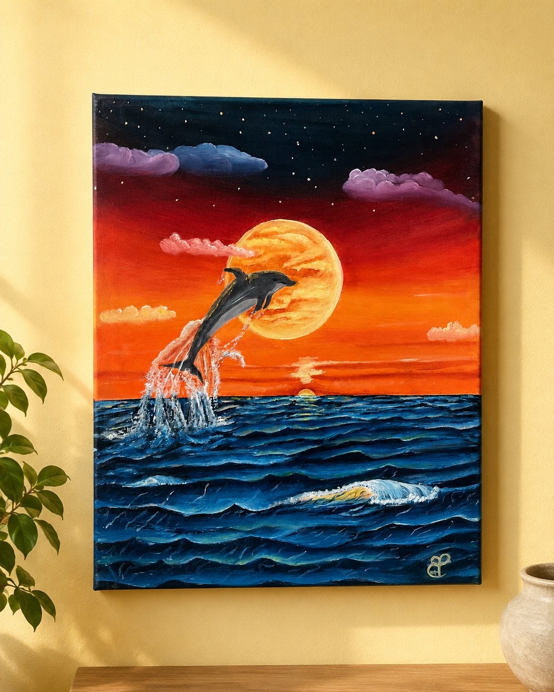 Handgeschilderd Schilderij: Dolfijn bij Zonsondergang, Ophalen, Doek, Realistisch, Dieren