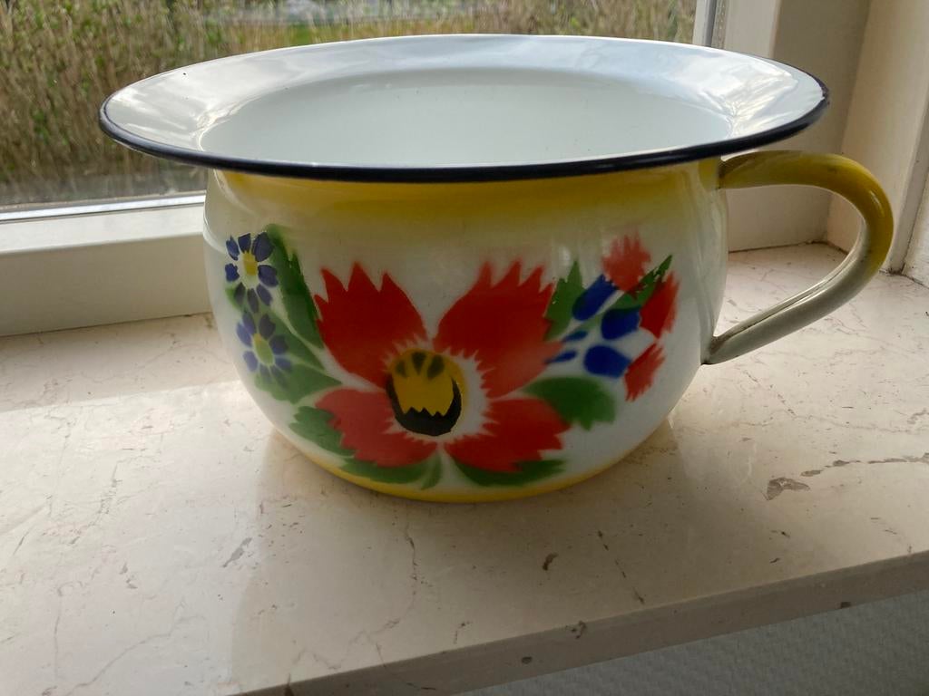 Vintage gebloemde emaille po , prachtige felle kleuren, Antiek en Kunst, Ophalen of Verzenden