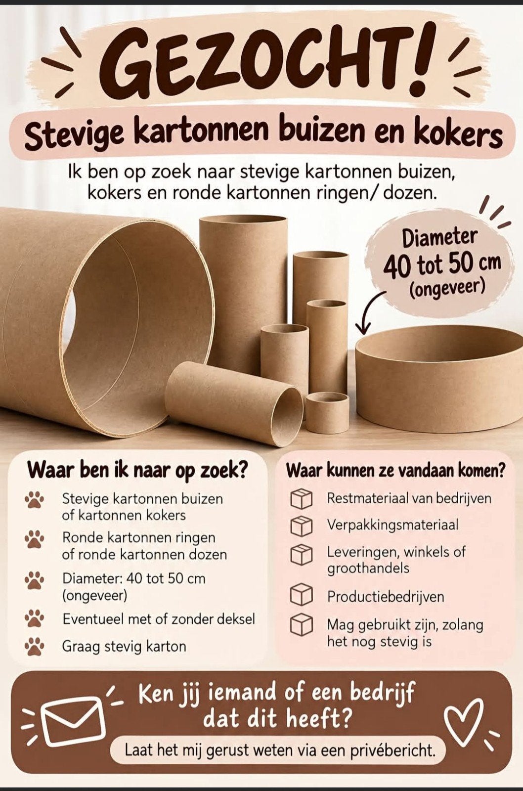 Gezocht: Stevige kartonnen buizen en kokers (40-50 cm), Ophalen of Verzenden