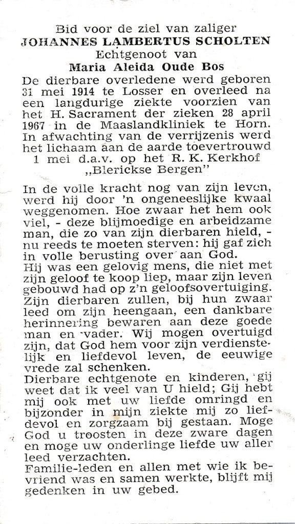 Scholten Johannes 1914 Losser 1967 Horn, Verzamelen, Bidprentjes en Rouwkaarten, Ophalen, Bidprentje