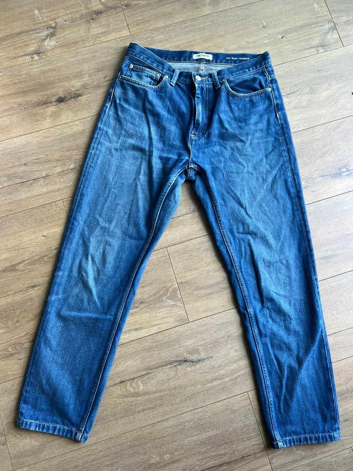 Carhartt slim tapered jeans broek heren maat 32/32, Ophalen of Verzenden, Zo goed als nieuw, Blauw, W32 (confectie 46) of kleiner