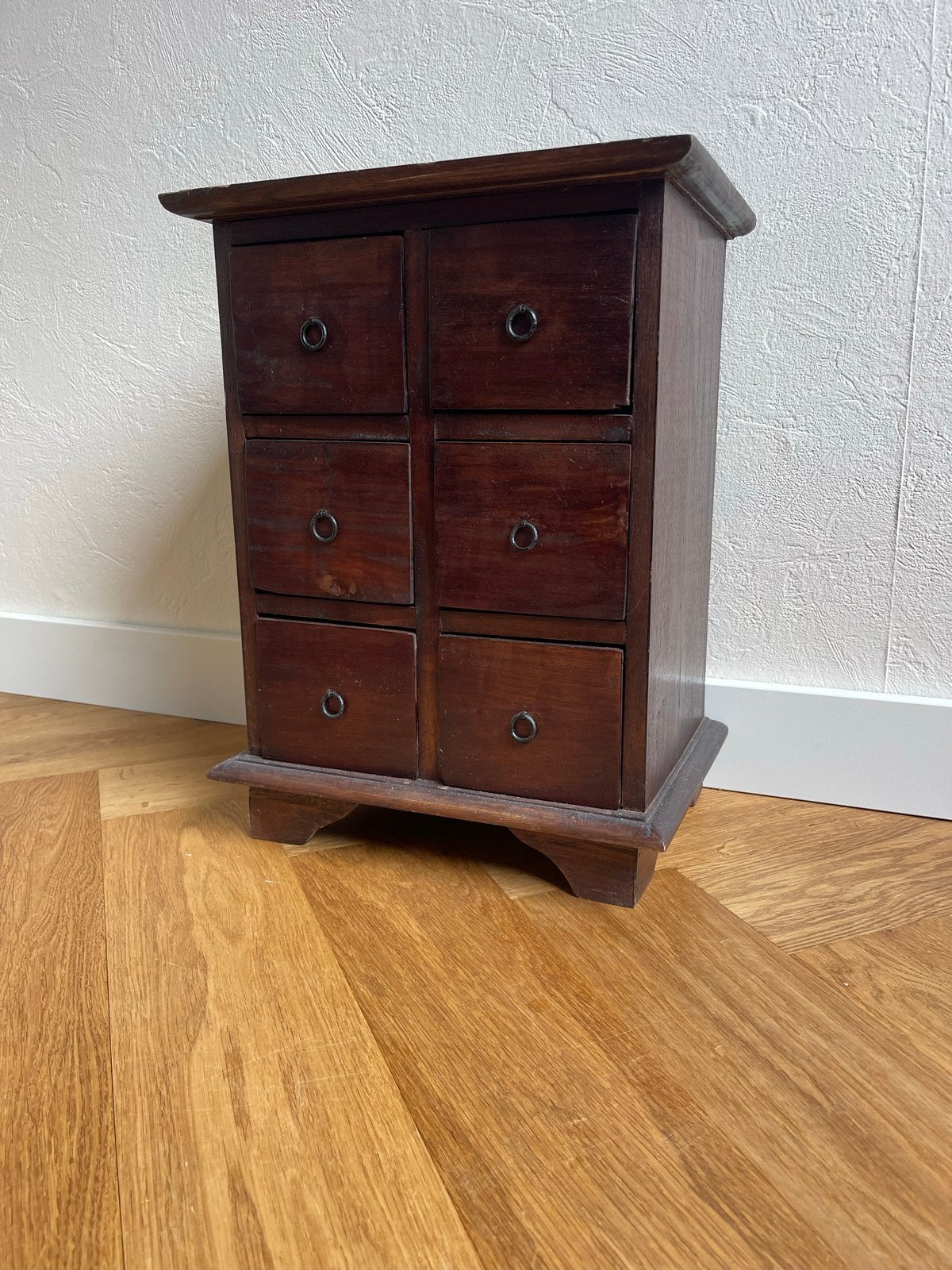 Vintage houten mini ladekastje met 6 lades, Ophalen of Verzenden