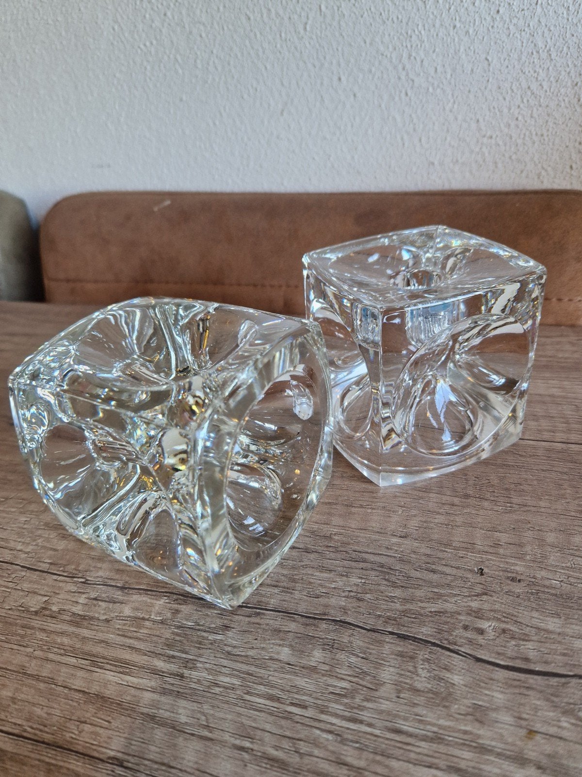 Bohemian Czech Art Glass Ice Cube Candle Holder, Ophalen of Verzenden