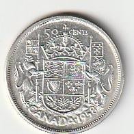 50  cent  1958  Canada. km. 53, Ophalen of Verzenden, Noord-Amerika, Losse munt, Zilver