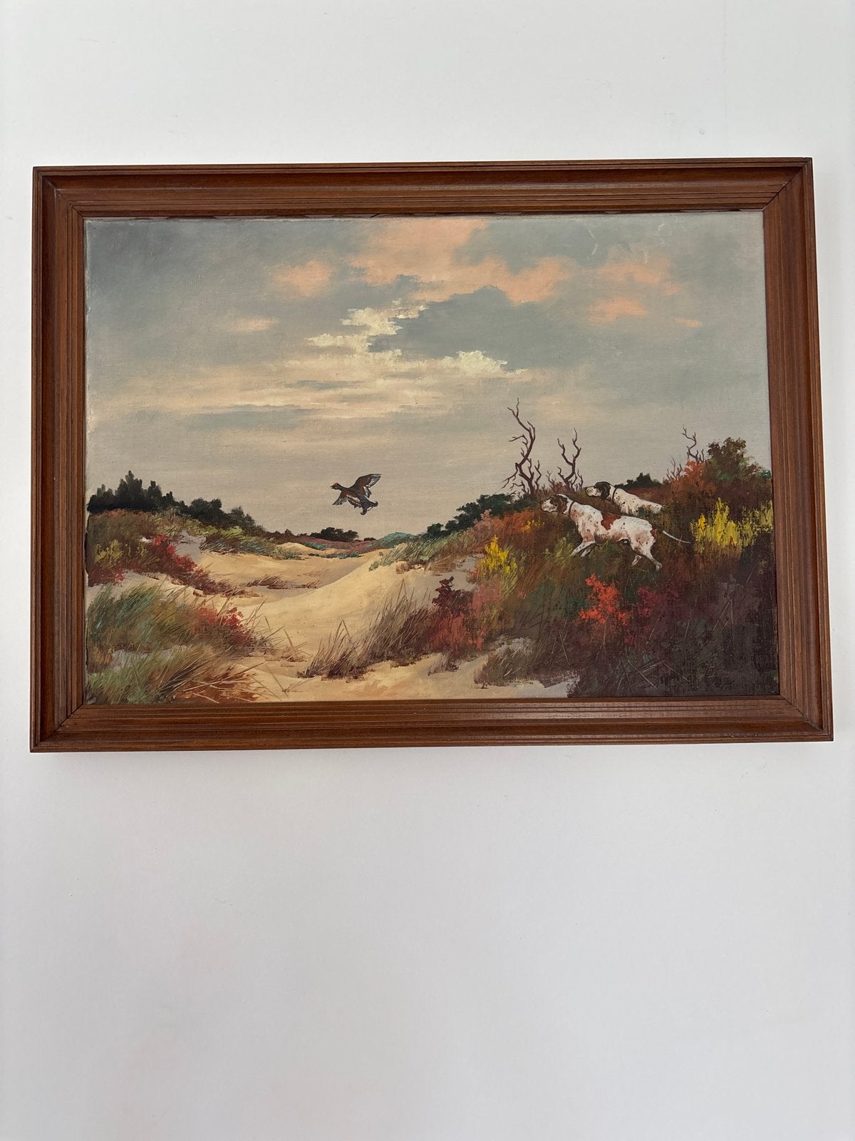 Jachttafereel met honden en vliegende vogel (78x58 cm), Doek, Realistisch, Dieren, Ophalen of Verzenden