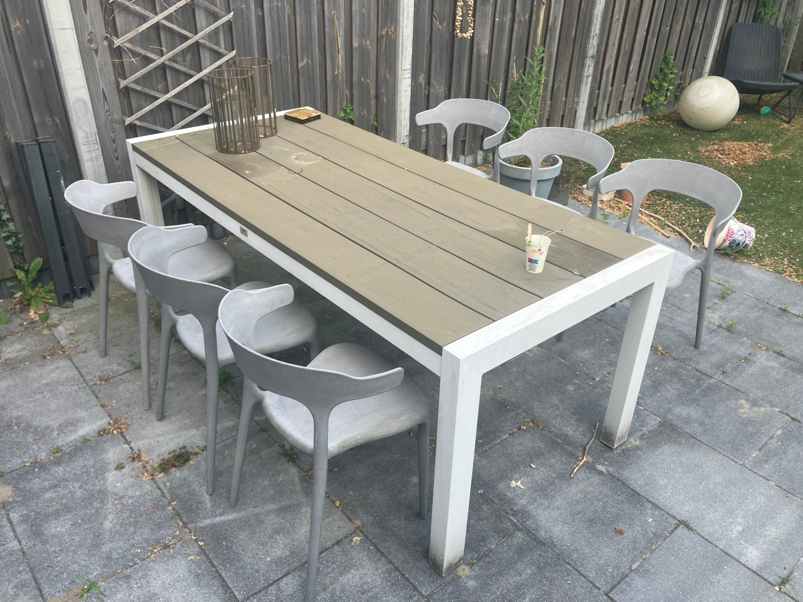 Moderne tuinset met 6 stoelen en grote tafel, Tuin en Terras, Tuinsets en Loungesets, Gebruikt, Eettafel, 6 zitplaatsen, Aluminium