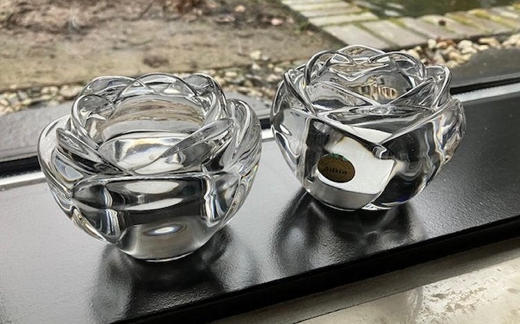 2 waxinelichthouders Adria kristal, Ophalen of Verzenden, Zo goed als nieuw, Overige materialen, Kandelaar