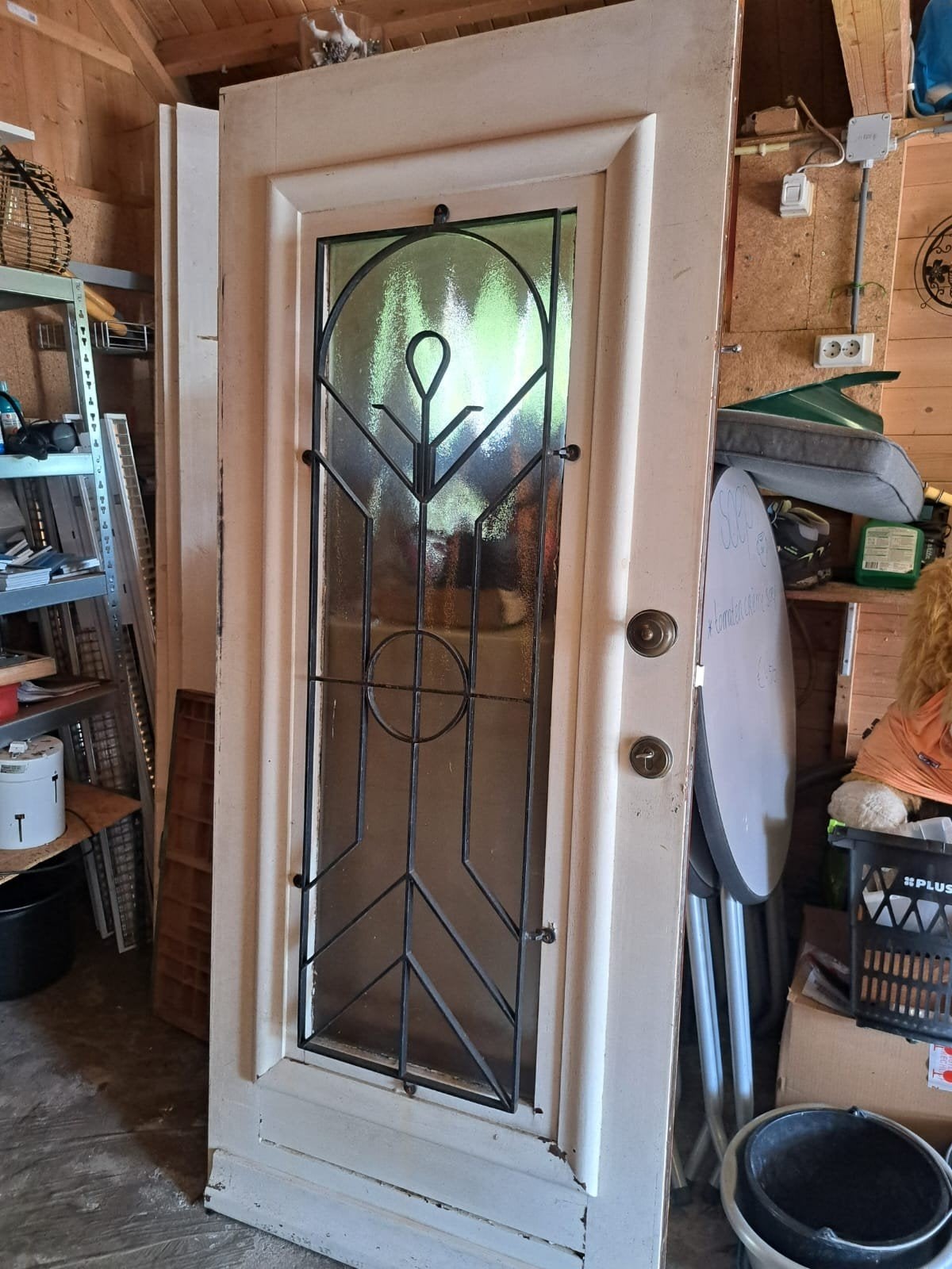 Massieve houten voordeur met glas en smeedijzer, Ophalen, Gebruikt, 200 tot 215 cm, Glas