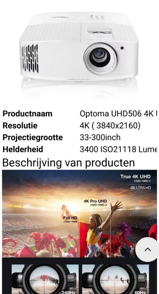 Optoma uhd 506 4k professionele beamer, nieuw nog in de doos, LED, Nieuw, Ophalen of Verzenden, Ultra HD (4K)