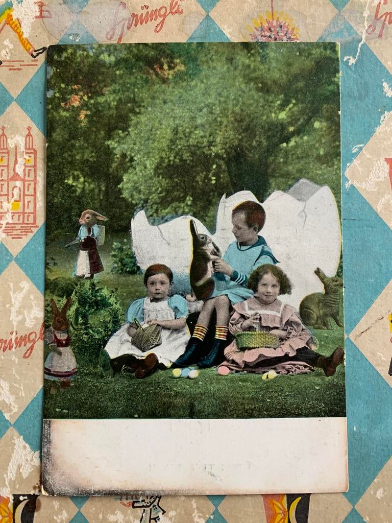 Pasen - drie kindjes met paashaas en paaseieren (CC), Ophalen of Verzenden, Voor 1920, Ongelopen, Feest(dag)