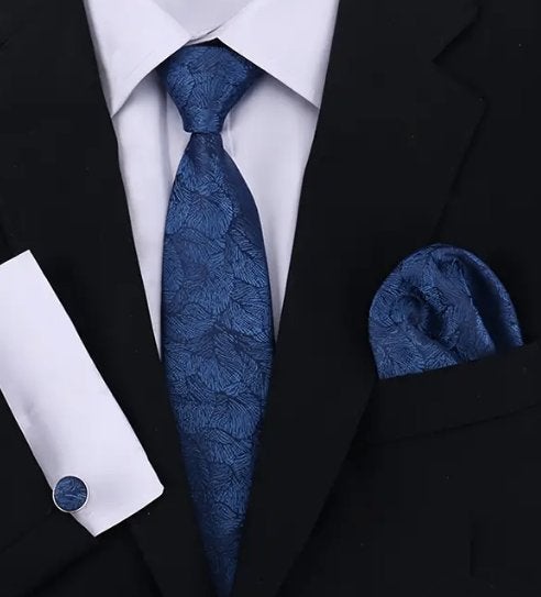 Handgeweven Stropdas Pochet Manchetknopen Blauw Zwart NIEUW, Ophalen of Verzenden, Nieuw, Blauw, Met patroon