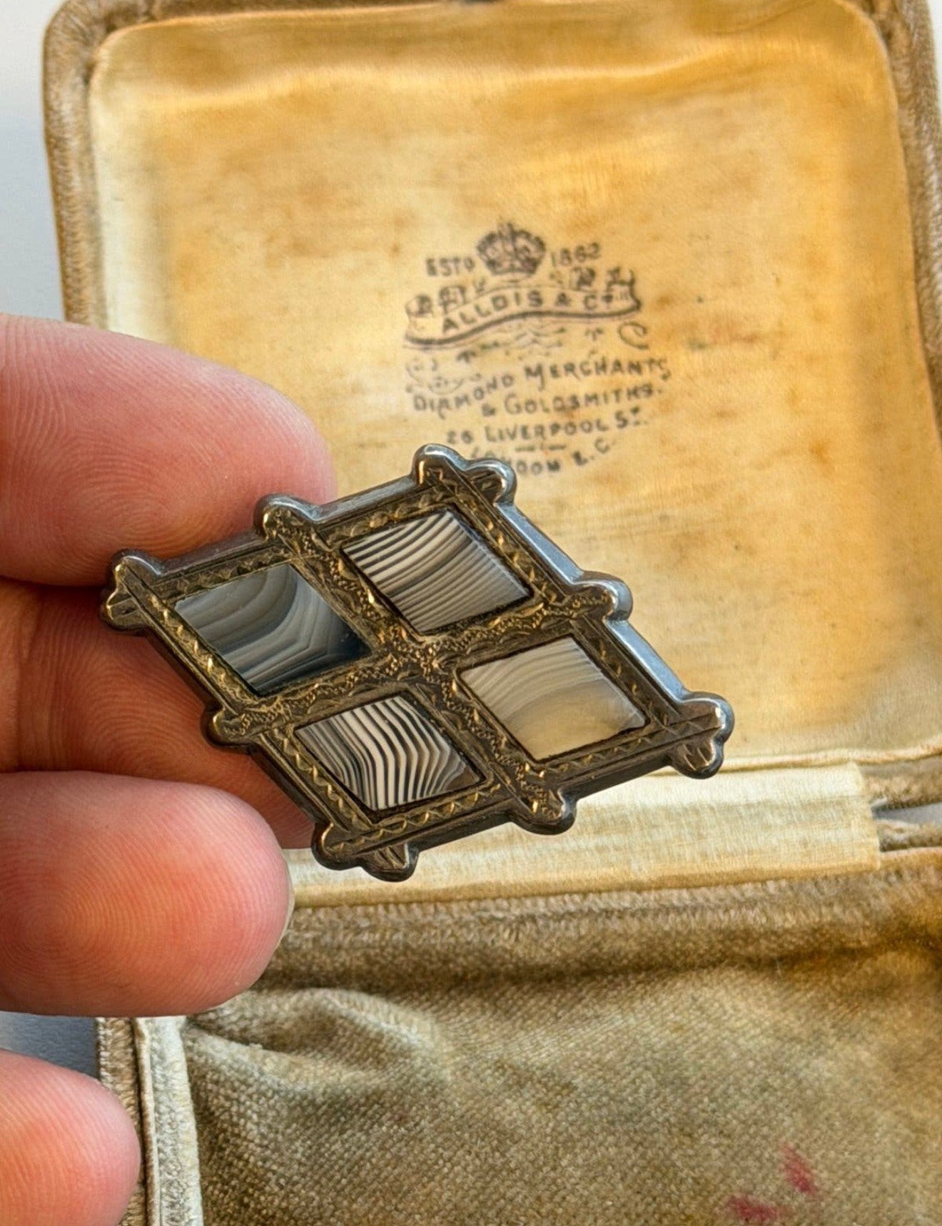 Antieke Victoriaanse Schotse Agaat Broche Zilver 4,5cm Etui, Ophalen of Verzenden, Zilver, Broche, Verguld