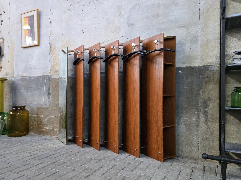 Mid Century Design Teak Kapstok Spiegel | Vintage Garderobe, Wandkapstok, Gebruikt, 100 tot 150 cm, Ophalen of Verzenden