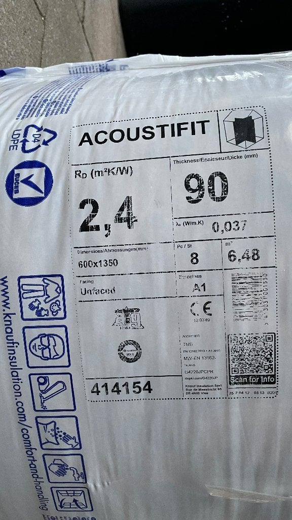 Knauf Acoustifit Glaswol Isolatie 90mm - Nieuw (60x135cm), Ophalen, Dakisolatie, Nieuw, 5 tot 10 m²