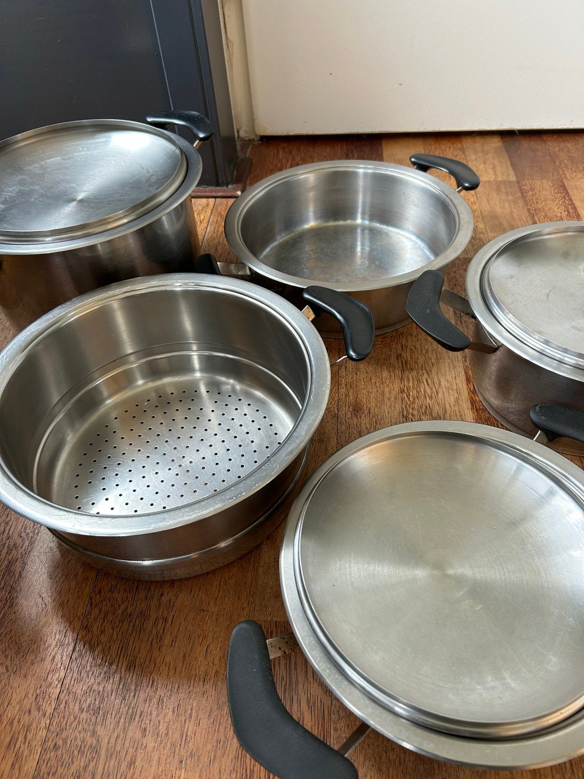 AMC…Complete pannenset - RVS kookpannen met deksels, Ophalen, Gebruikt, Met deksel, Pannenset