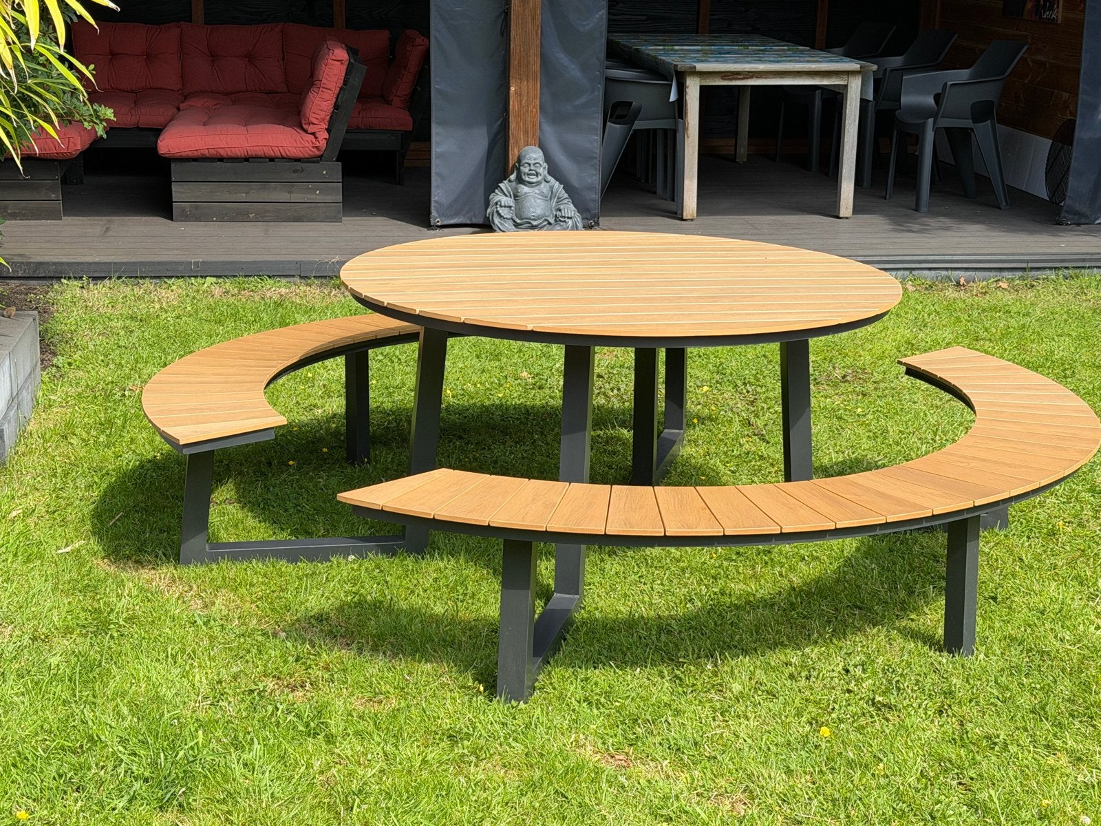 Arezzo Ronde Picknicktafel met Banken - Polywood/Aluminium, Tuin en Terras, Picknicktafels, Ophalen, Zo goed als nieuw, Rond, Overige materialen