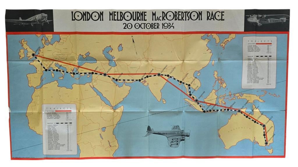 Affiche London Melbourne MacRobertson Race 1934, Verzamelen, Ophalen of Verzenden