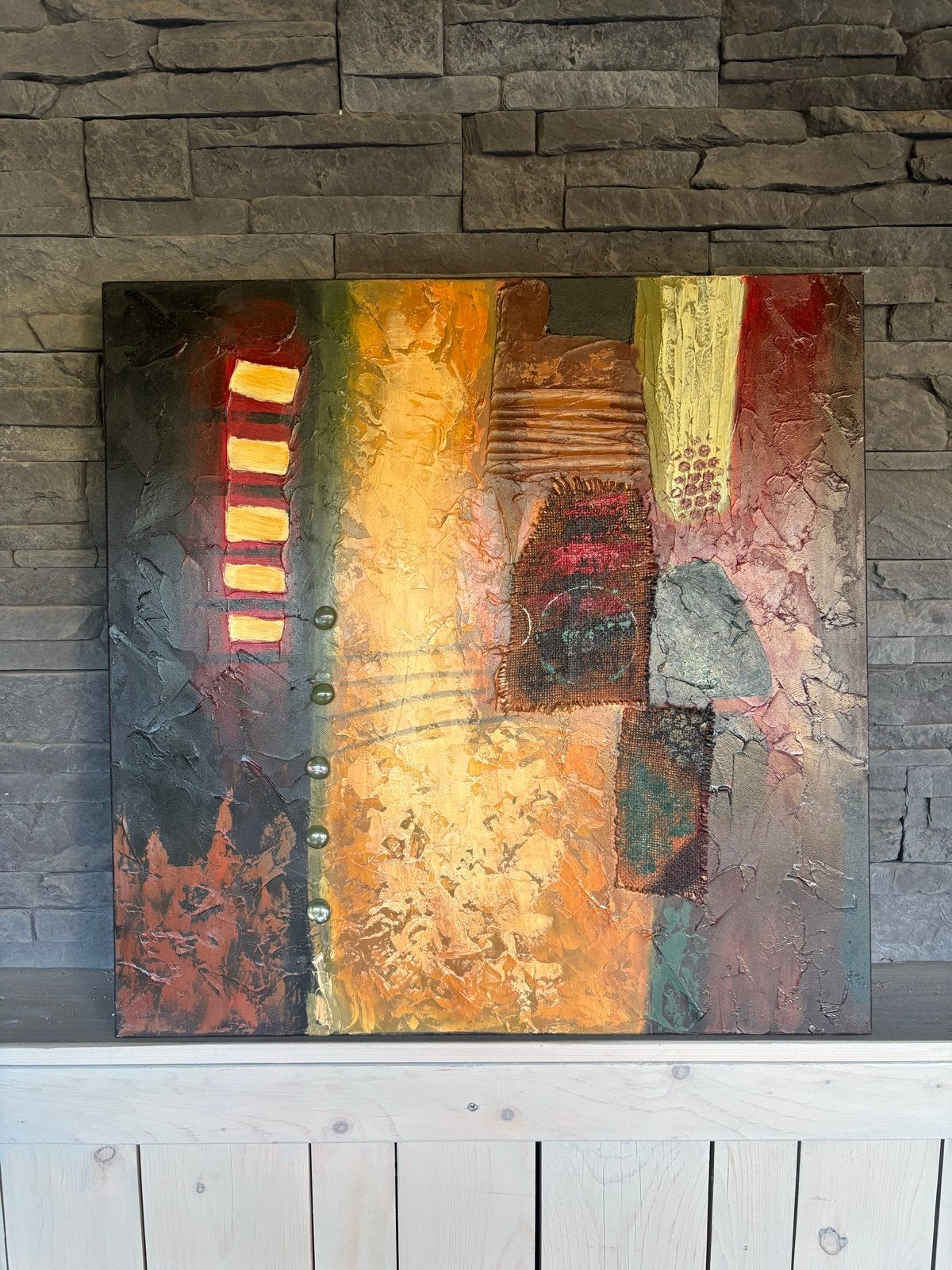 Abstract Schilderij met Textuur 60cmx60cm, Antiek en Kunst, Kunst | Schilderijen | Modern, Ophalen, Abstract, Echtheidscertificaat