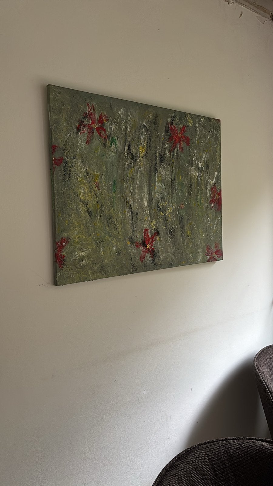 Abstract schilderij met rode bloemen, Ophalen of Verzenden