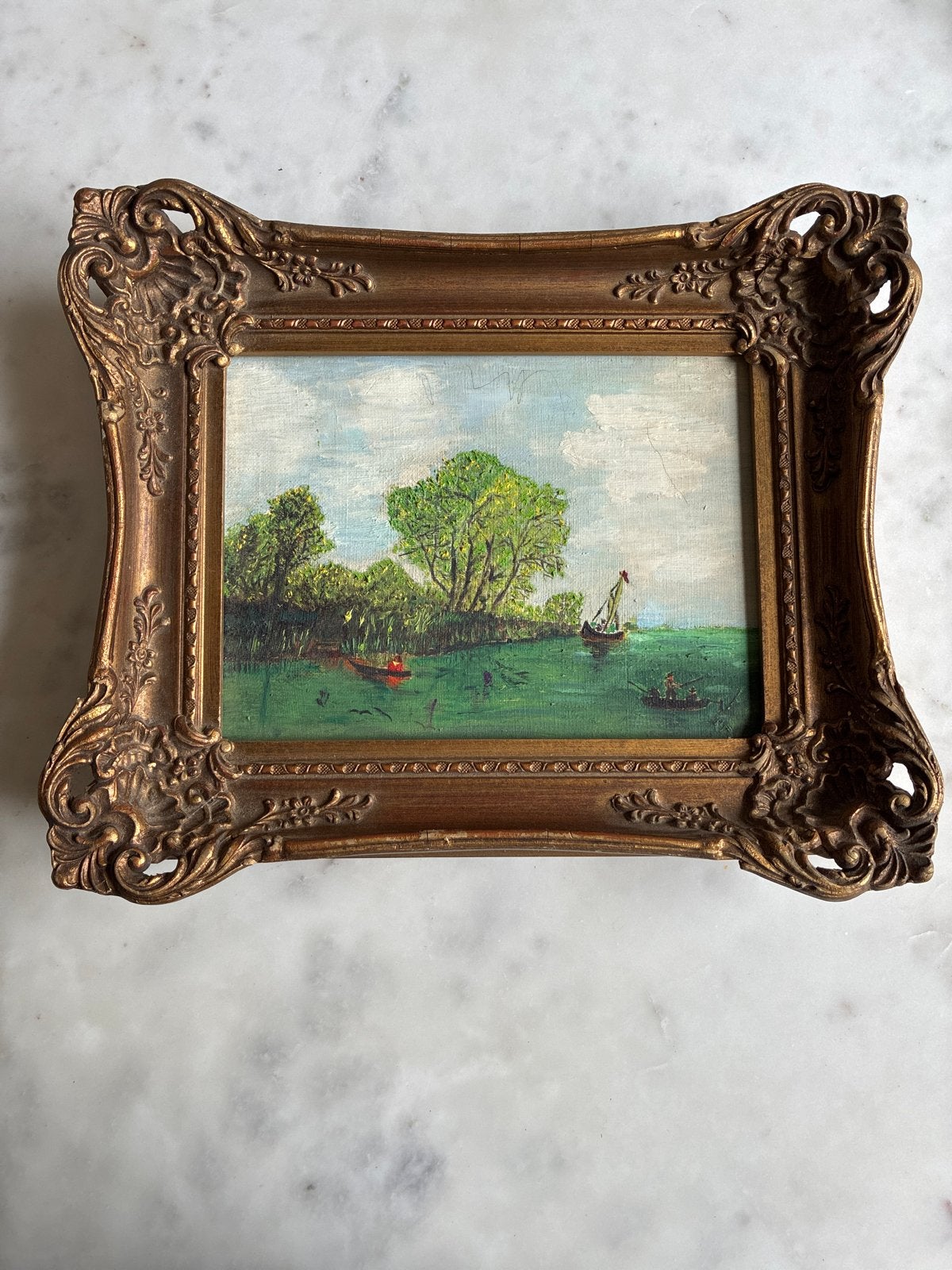 Klassiek Landschap Schilderij met Boten - Olieverf op Doek, Doek, Ophalen of Verzenden, Landschap, Olieverf