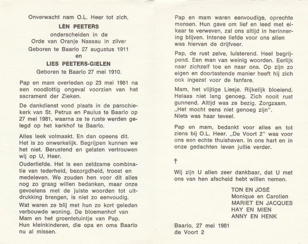 bidprentje baarlo-peeters-gielen, Ophalen of Verzenden, Bidprentje