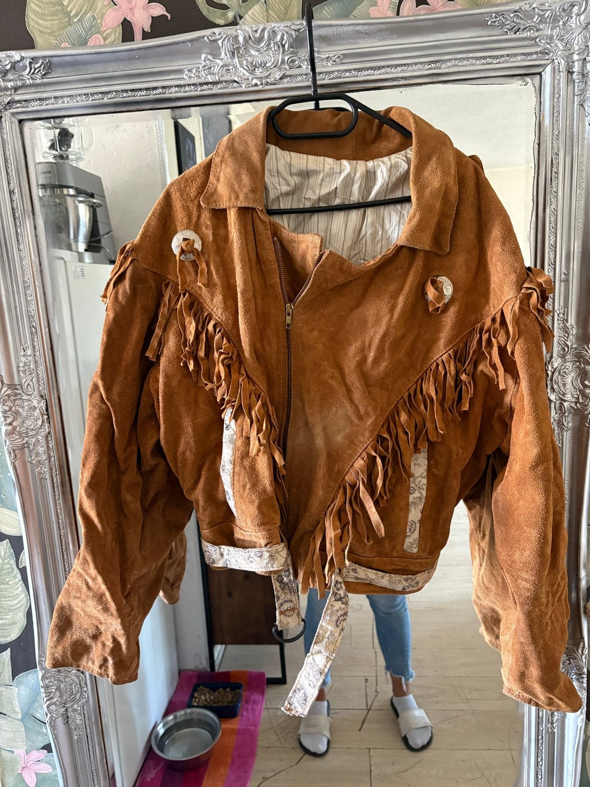 Vintage suède cowboy jas met franjes en conchos M/L, Ophalen of Verzenden, Gedragen, Maat 38/40 (M), Bruin