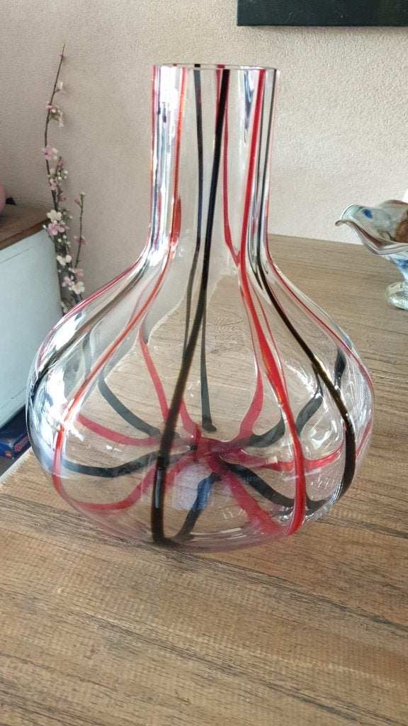 Vintage vaas met glasdraden, Ophalen of Verzenden, Transparant, 30 cm, Glas