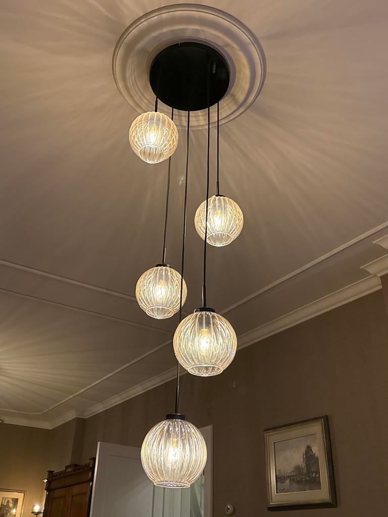 Plafondlamp hanglamp met 5 glazen bollen, Ophalen, Gebruikt, Glas, 75 cm of meer