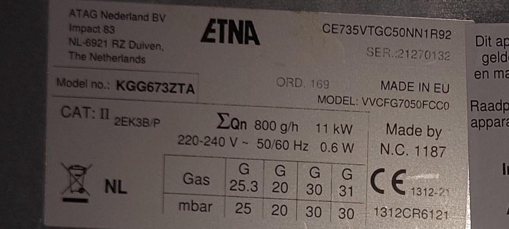 Etna gaskookplaat 5 pitten met elektrische ontsteking, Gebruikt, Ophalen of Verzenden, Inbouw, Gas