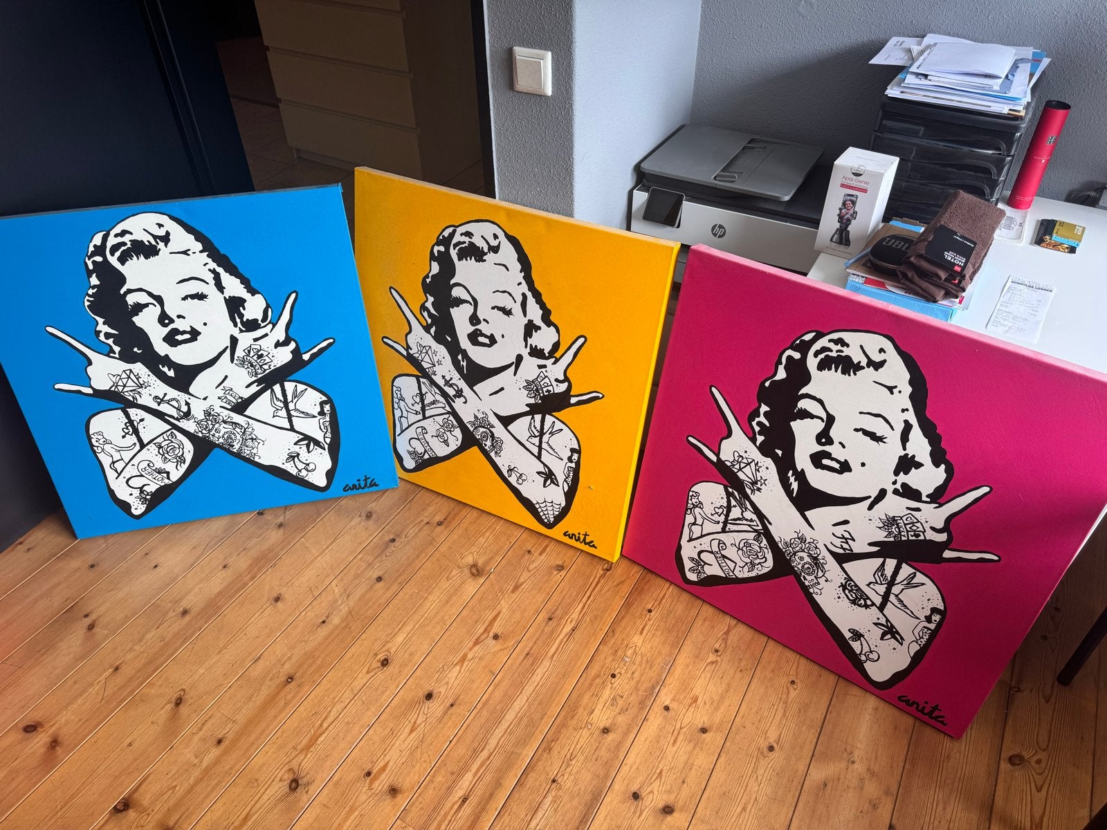 Marilyn Monroe Pop Art Schilderij - Set van 3, Antiek en Kunst, Kunst | Schilderijen | Modern, Ophalen, Handgeschilderd, Textiel