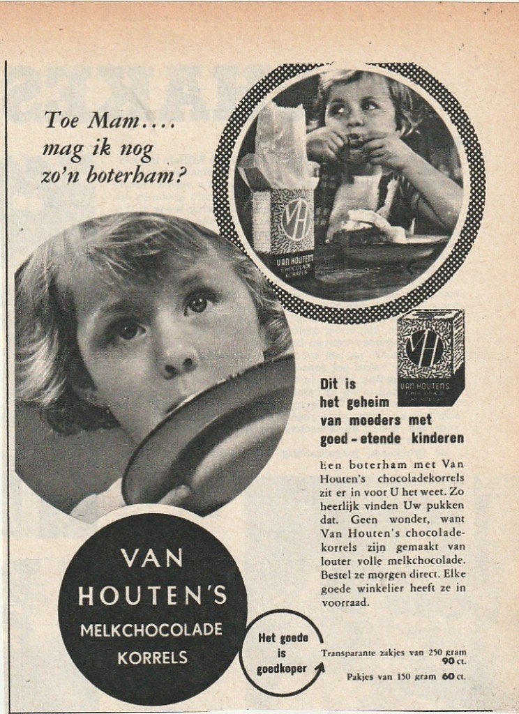 retro reclame 1953 Van Houten hagelslag kindje wil meer, Verzamelen, Retro, Verzenden, Overige typen
