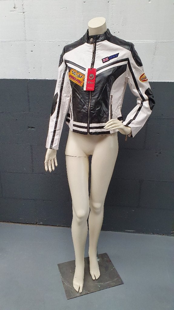 Stoer leren jasje, race jas, bikerjas. Wit zwart, mt XL. S24