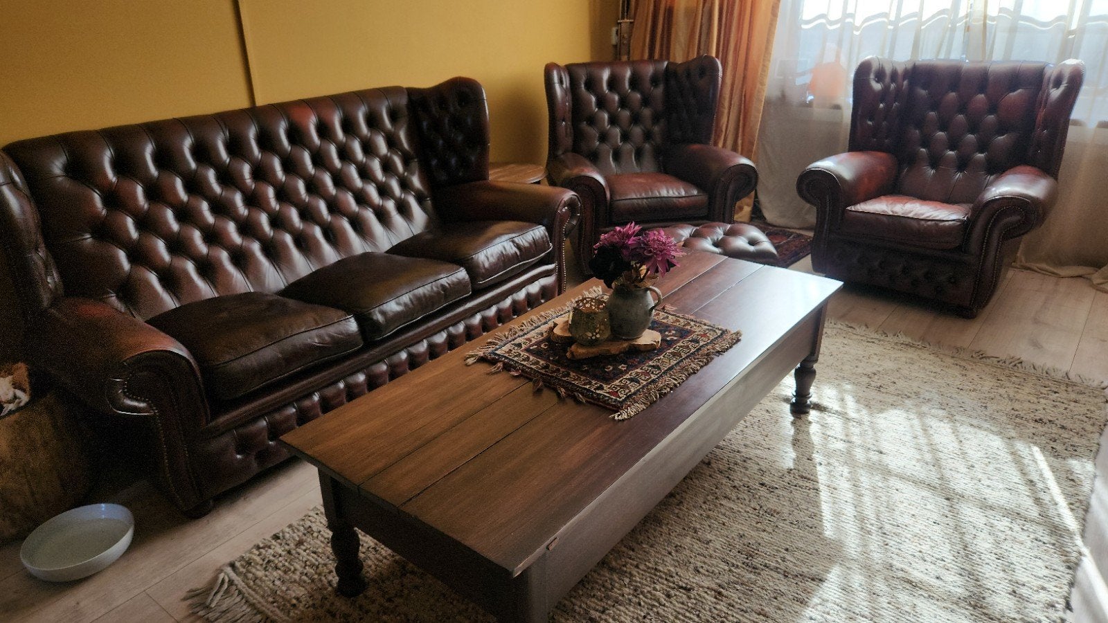chesterfield set 3 zitter + 2 fauteuils + slipperbox, Ophalen, Gebruikt, Leer, Chesterfield